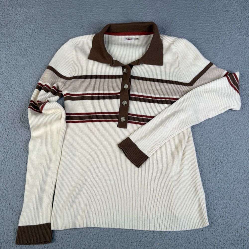 FAHERTY Sweater Womens M Cream Brown Red Stripe Cotton Cashmere Ribbed Knit